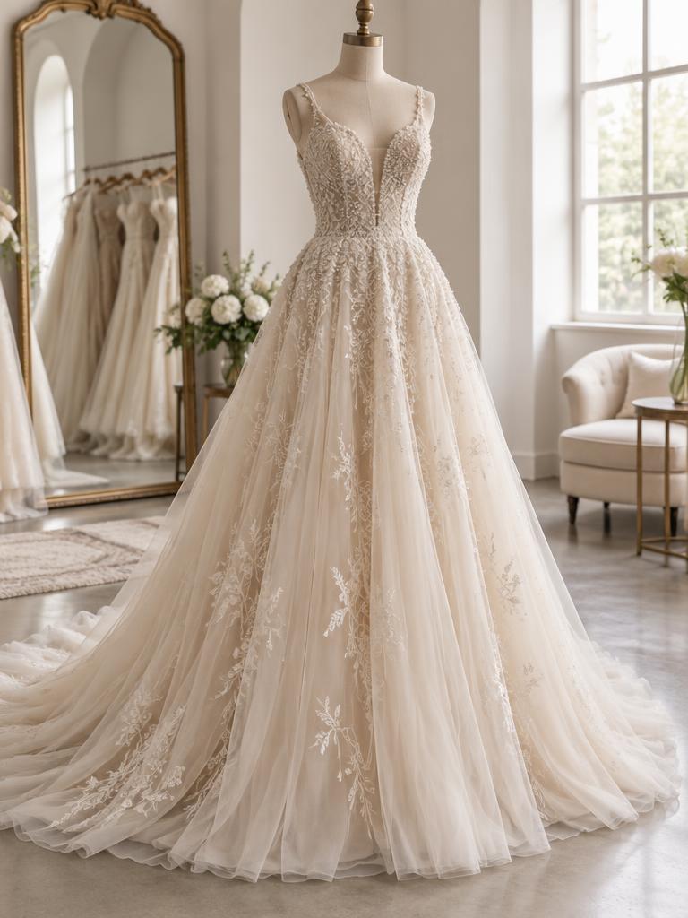 Wedding gown on a mannequin in the studio