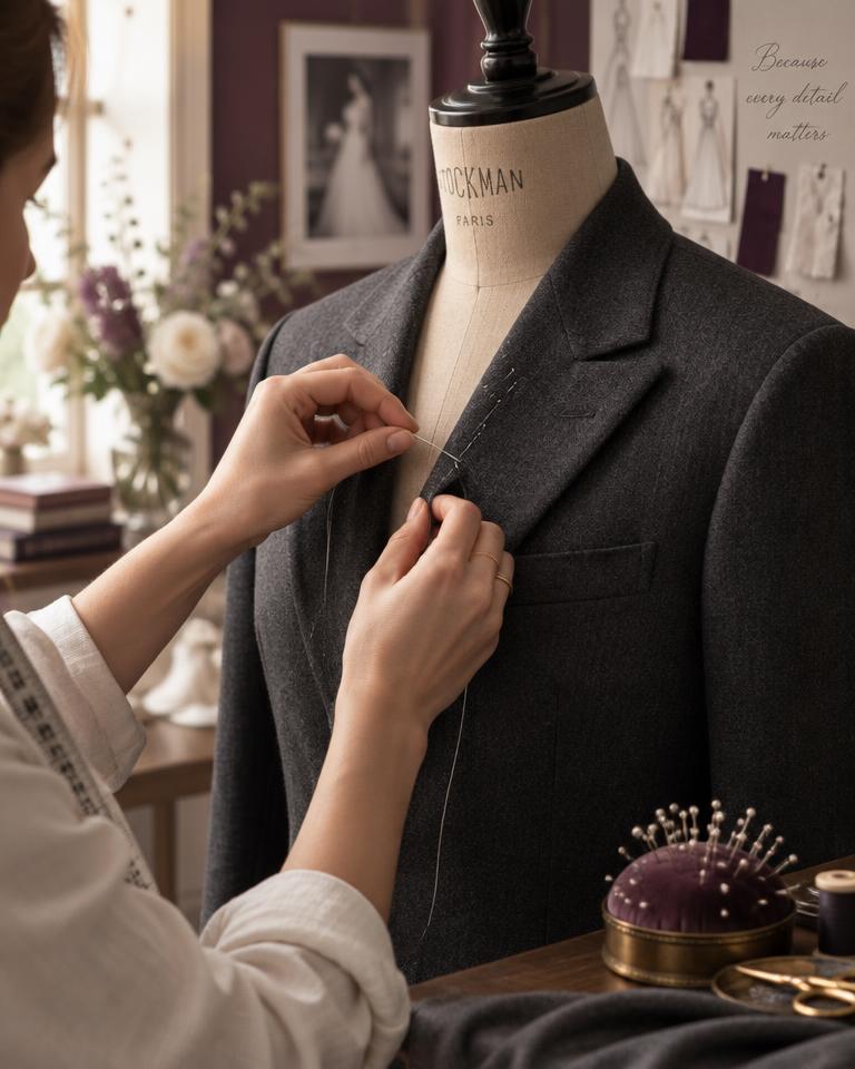 A groom's suit jacket being hand-stitched on a dress form